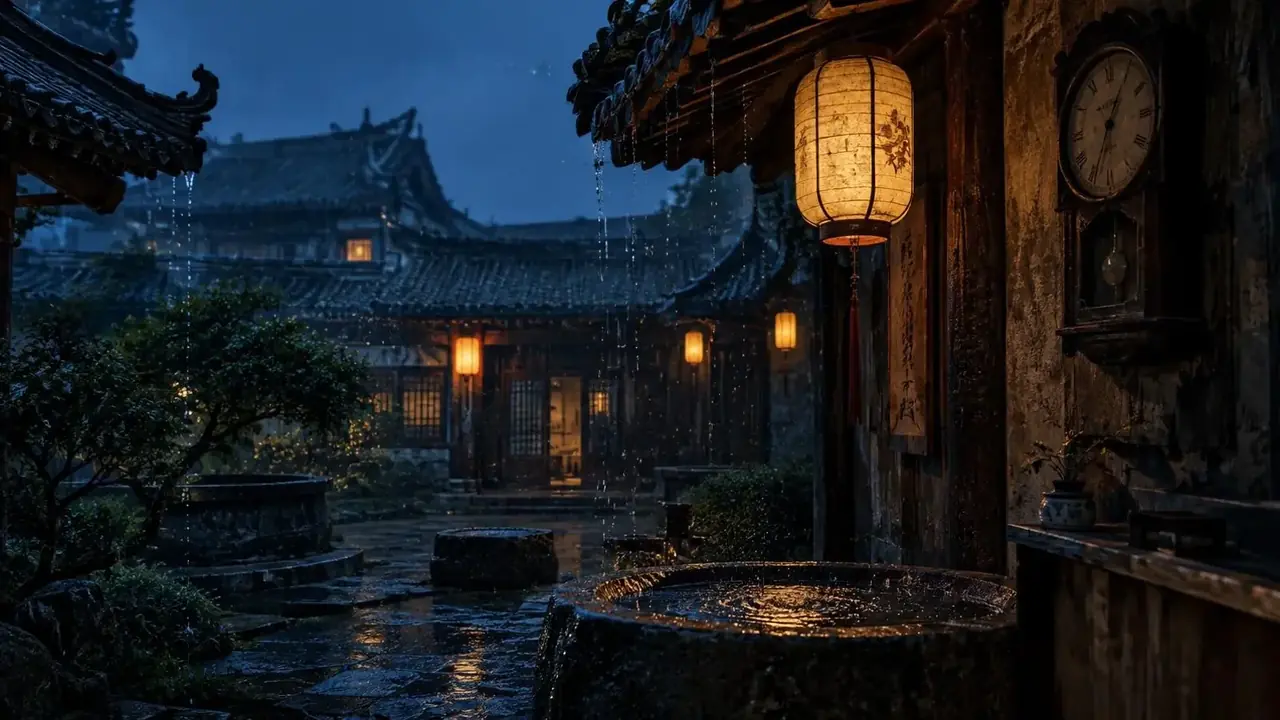 瓦檐滴雨推理法场景图：雨滴落进铜盆的声音，是最不会说谎的钟。